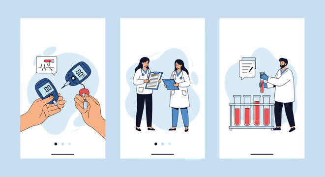 Modern mobile application interface designs for health tracking showing glucose levels doctor consultations and blood test results.
