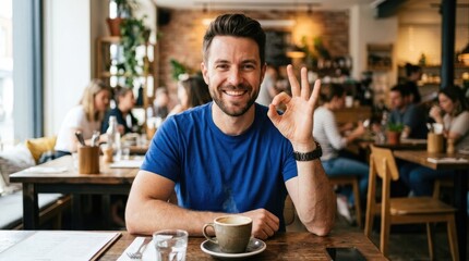 Fototapeta premium A smiling man gestures with an ‘okay’ sign while seated at a wooden table in a cafe. He is wearing a blue t-shirt and a watch.