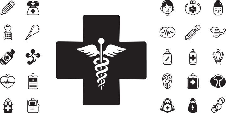 Medical cross and caduceus with healthcare icons, caduceus