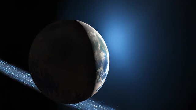Earth planet with its protective atmosphere deflecting numerous cosmic debris during a spectacular meteor shower, creating a glow in the dark universe