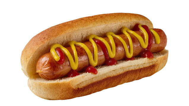 Isolated classic delicious hot dog in a soft bun with yellow mustard and red ketchup