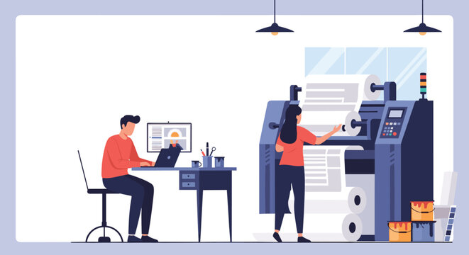 Busy printing house scene with a man working on a design computer and a woman operating a large industrial printing press machine.