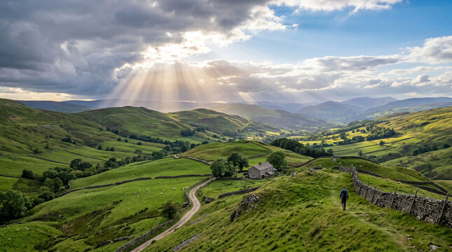 Professional Rolling Green Hills Storm Cleared Sky Long Shafts Dramatic Scenic Landscape Photography View