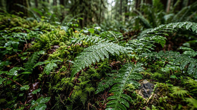 Professional Dense Ferns Mosses In Temperate Rainforest With Water Droplets Lush Woodland Macro Nature Photography Image