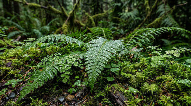 Professional Dense Ferns Mosses Temperate Rainforest Water Droplets Lush Woodland Macro Nature Image