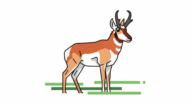 A stylized pronghorn antelope stands on a white background with green stripes