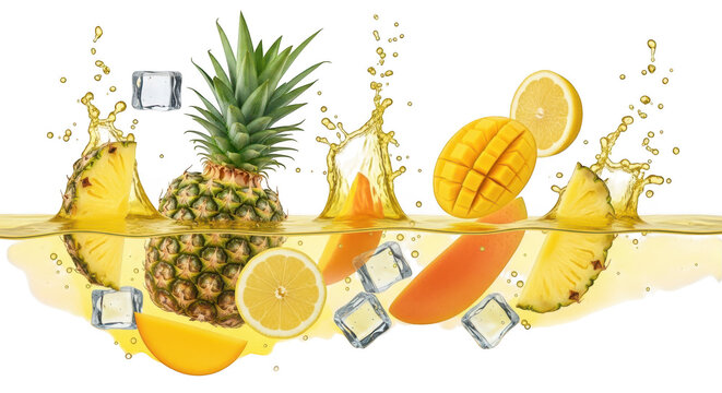 Fresh pineapple, mango and lemon slices falling into water with ice cubes isolated on transparent background