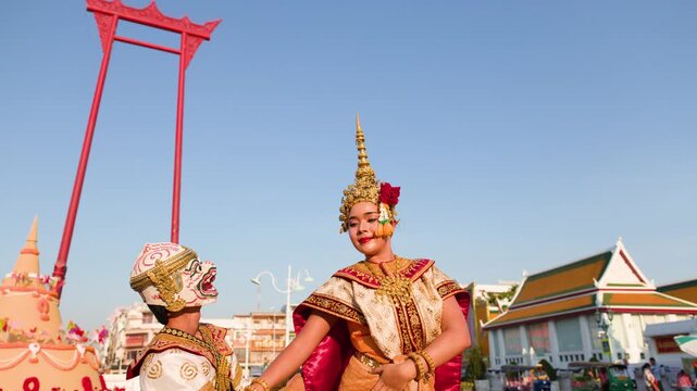 Thai Khon Dancers Hanuman and Suphannamatcha Perform at Bangkok Giant Swing