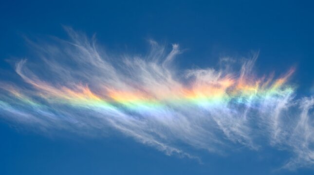 Rare Fire Rainbow in Wispy Cirrus Clouds Against Clear Blue Sky