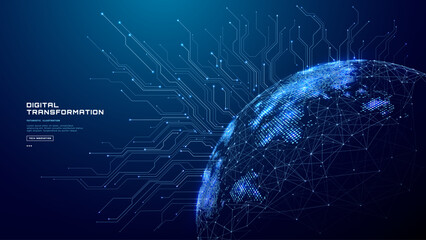 Abstract digital Globe Earth hologram with circuit board lines and connected dots. Digital or cyber transformation concept. Technology blue background. Tech world map. Futuristic vector illustration. © AntonKhrupinArt
