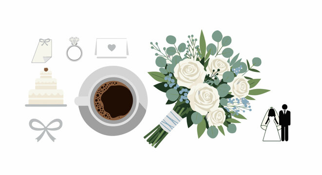 A wedding celebration with cake, rings, coffee, flowers, and a couple