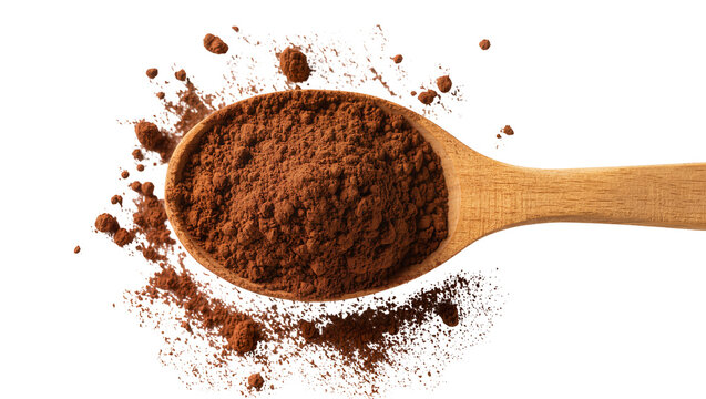 Isolated cocoa powder in a wooden spoon, brown chocolate ingredient for baking and cooking.