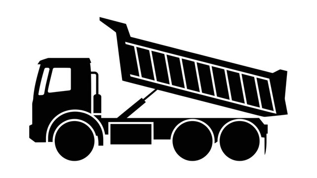 Black silhouette of a dump truck with its bed lifted ready to unload materials transport construction