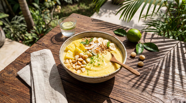 Professional Golden Pineapple Smoothie Bowl With Macadamia Nuts And Lime Zest Vibrant Tropical Healthy Superfood Image