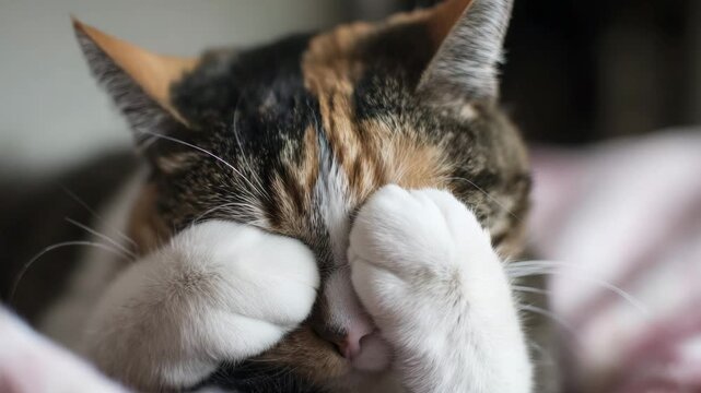 Funny calico cat covering eyes with paws, peek-a-boo concept, playful feline behavior indoors