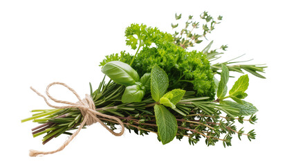 Isolated fresh culinary herbs bouquet tied with twine, green aromatic ingredients for cooking © Conor