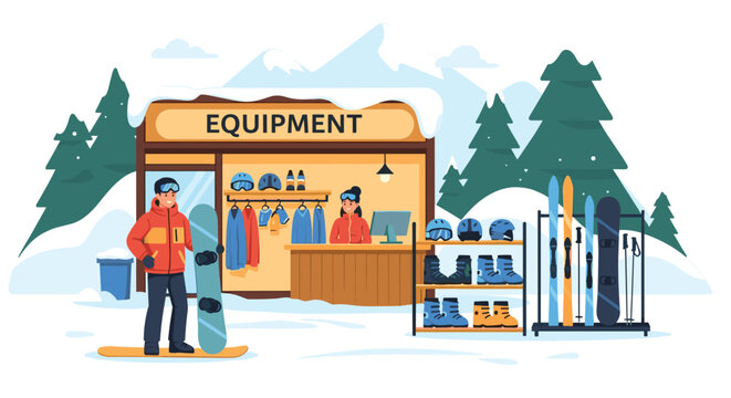 Ski and snowboard equipment rental shop in a snowy mountain resort with a clerk helping a customer and gear displayed on racks outside.