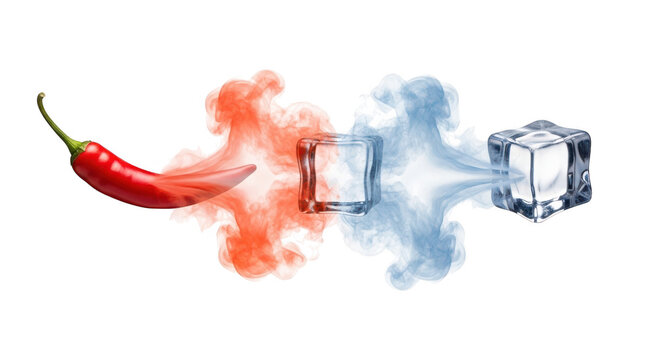 Hot red chili pepper and cold ice cubes with fire and frost smoke isolated on transparent background