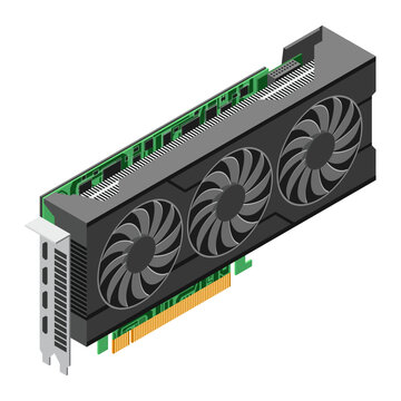 3D isometric video graphic card. Video graphics card for cryptocurrency mining or gaming. GPU graphic card illustration. Personal computer hardware components