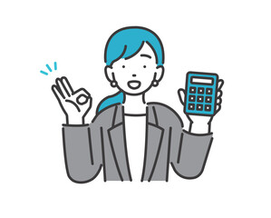 Naklejka premium 電卓を持ちオッケーサインをするスーツの女性イラスト