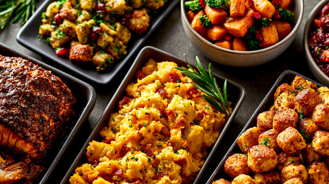 Traditional thanksgiving dinner with roasted turkey stuffing potatoes and roasted vegetables