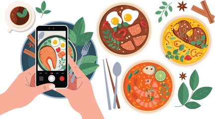 Fototapeta premium Top View Flat Illustration of Person Taking Photo of Authentic Asian Cuisine Dishes like Ramen and Tom Yum for Food Blogging and Menu Design