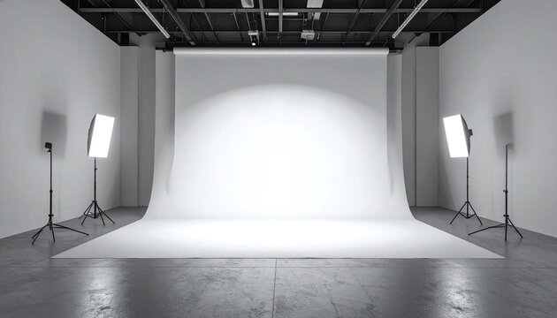 This professional photo studio features a large white backdrop and bright softbox lighting. A minimalist blank canvas perfect for commercial photography, filmmaking, and creative projects.