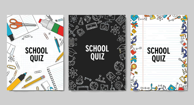Set of school quiz cover designs featuring creative doodles of stationary science symbols and educational icons for academic competitions.
