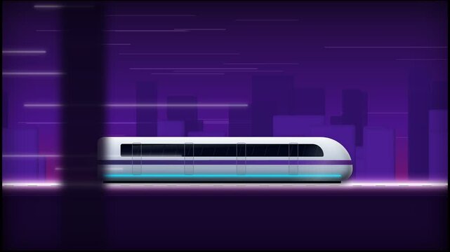 Futuristic High Speed Maglev Train Moving Through Purple Neon City At Night Minimalist Vector Animation