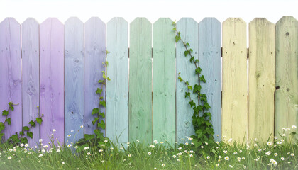 Obraz premium Vibrant rainbow wooden picket fence featuring climbing green ivy and white daisies in the grass. This cheerful rustic backdrop symbolizes growth and diversity for your creative projects.