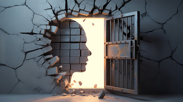 Human head shaped prison door open in a cracked wall, symbolizing liberation from mental confinement and escape from inner limits, 3d render.