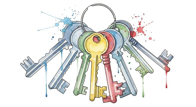 Colorful keys on a ring with paint splatters