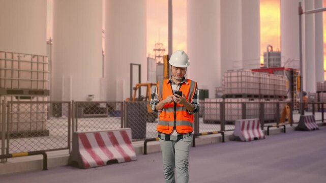 Front View of Asian Male Engineer Use Smartphone While Walking at Storage Facility with IBC Totes, Large Silos and Safety Barriers at Sunset