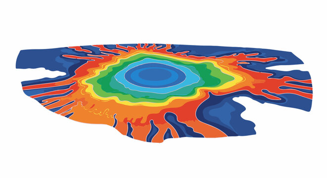 Abstract contour map of vibrant, layered colors radiating outward from a central blue oval