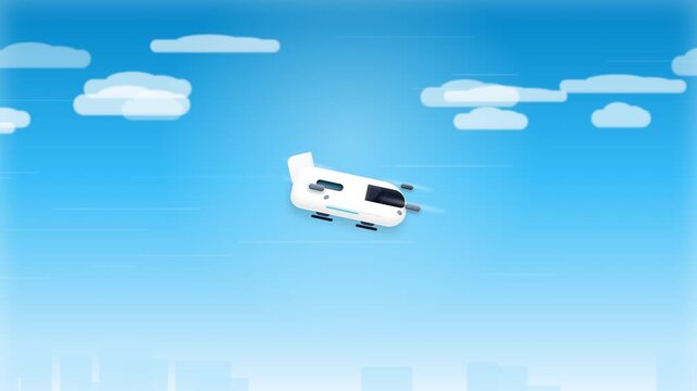 Futuristic White Flying Taxi Pod Transporting Passengers Across Clear Blue Sky Illustration