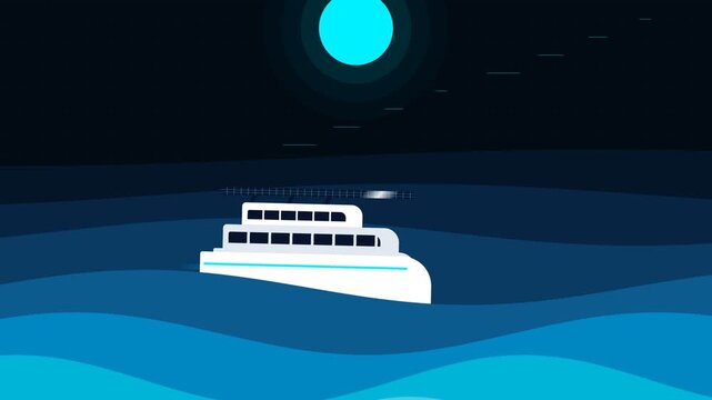 Minimalist Stylized White Passenger Ship Sailing on Wavy Blue Sea Water at Night with Full Moon
