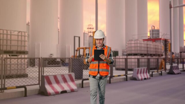 Front View of Asian Male Engineer Use Tablet While Walking at Storage Facility with IBC Totes, Large Silos and Safety Barriers at Sunset