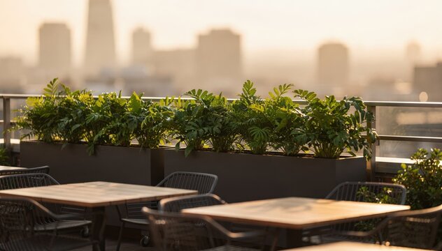 Medium shot highlighting fresh green planters along a rooftop terrace railing with outdoor tables and a hazy cityscape backdrop at golden hour.