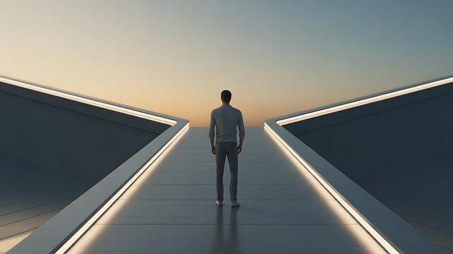 Man facing two diverging paths, choosing direction for future decisions and life direction on a smooth modern forked walkway, 3d render. 