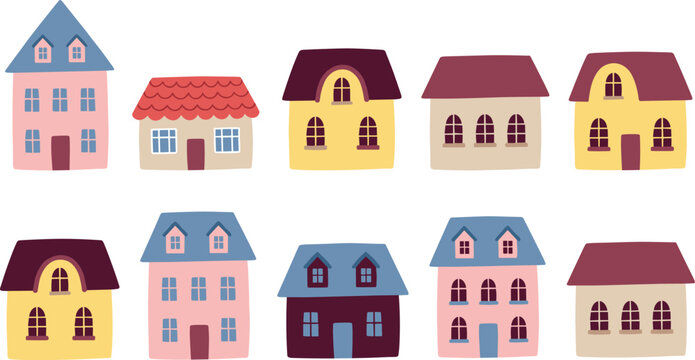 Set of Colorful Tiny Houses and Cute Hand Drawn Cottages for Neighborhood Map Design Real Estate Marketing and Community Themed Architectural Flat Vector Illustrations