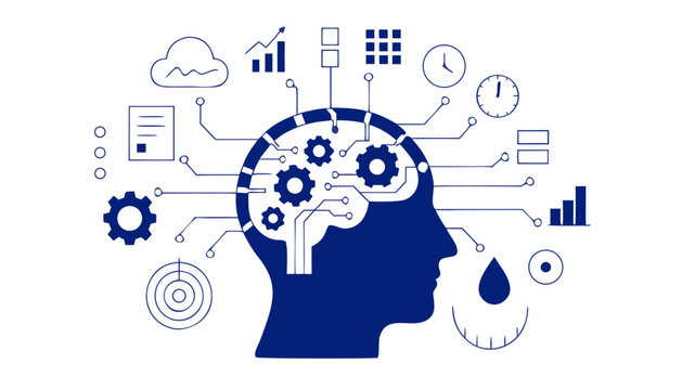 Business strategy, mind map, gear icons, thinking person, productivity symbols, vector illustrations