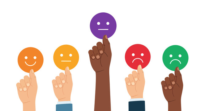 Diverse hands holding colorful emotion icons for customer feedback and satisfaction rating.