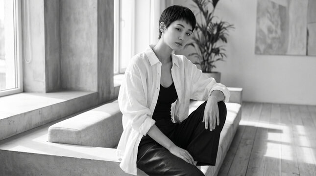 Black and White Portrait of Stylish Woman Sitting by Window in Minimal Interior