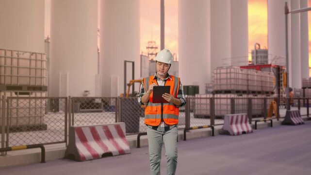 Front View of Asian Male Engineer Taking Note on Tablet While Walking at Storage Facility with IBC Totes, Large Silos and Safety Barriers at Sunset