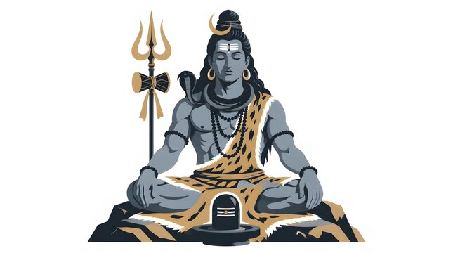 Meditating Hindu God Pose with Trident and Tiger Pattern
