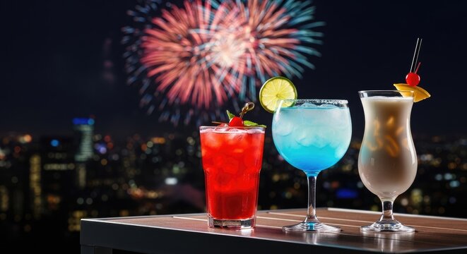 Colorful cocktails on a rooftop overlooking a city skyline with fireworks