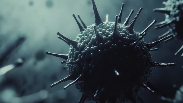 Microscopic view of a virus showing its complex structure and spikes, representing medical science, health issues, and spreading infection with research and pathogen identification