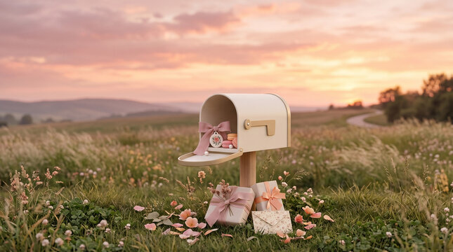 Pastel 3D Mailbox with Gift Boxes and Envelope in Flower Field at Sunset