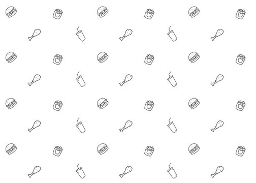Seamless burger. Fast food Illustration pattern with white background. Food packaging, menu illustration. French fries, Fried chicken	