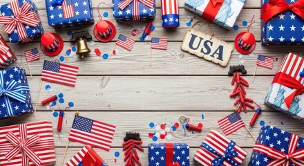 Fototapeta premium Patriotic fourth of july arrangement with gifts and american flags